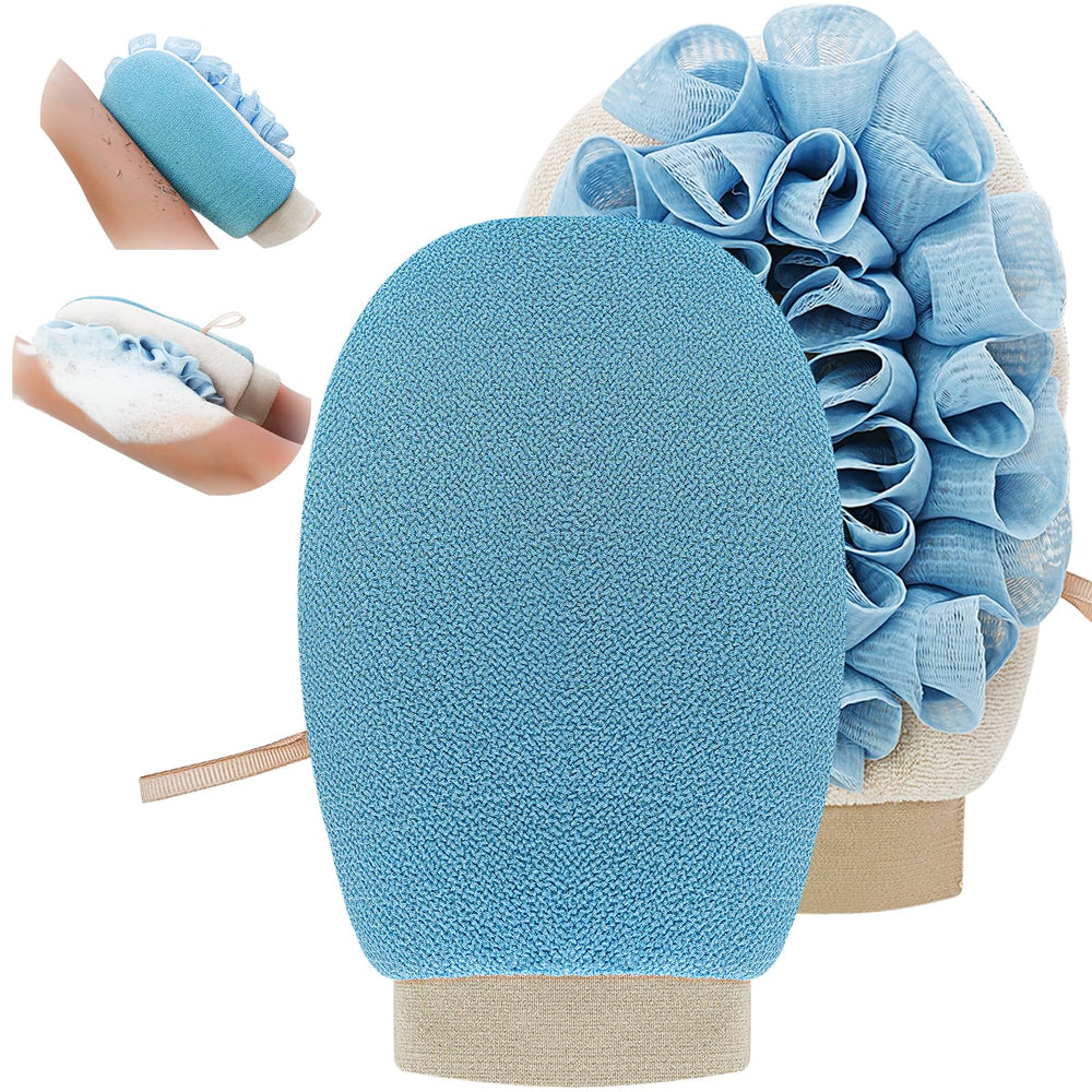 Guante exfoliante Gdrctica 2 en 1 en azul para limpieza profunda y suave.