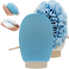 Guante exfoliante Gdrctica 2 en 1 en azul para limpieza profunda y suave.