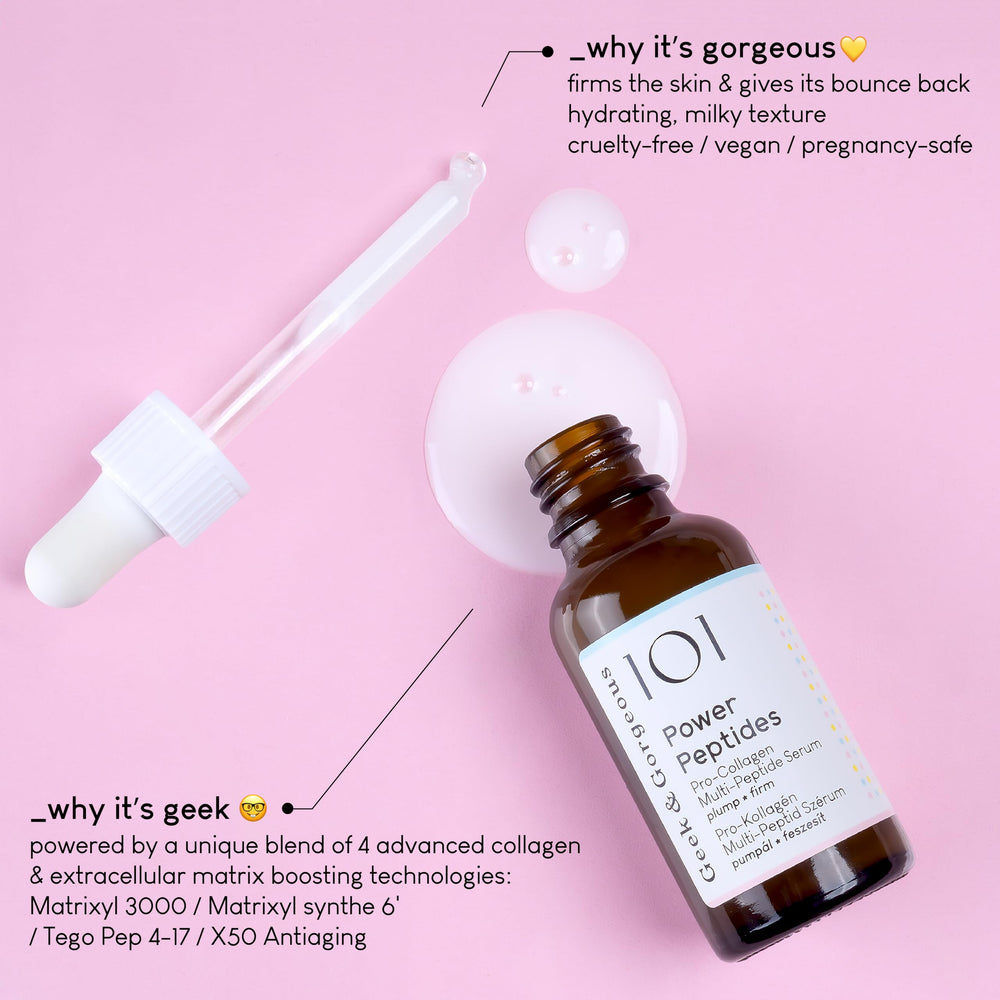 Geek & Gorgeous Power Peptides Serum, envase sostenible para cuidado consciente.