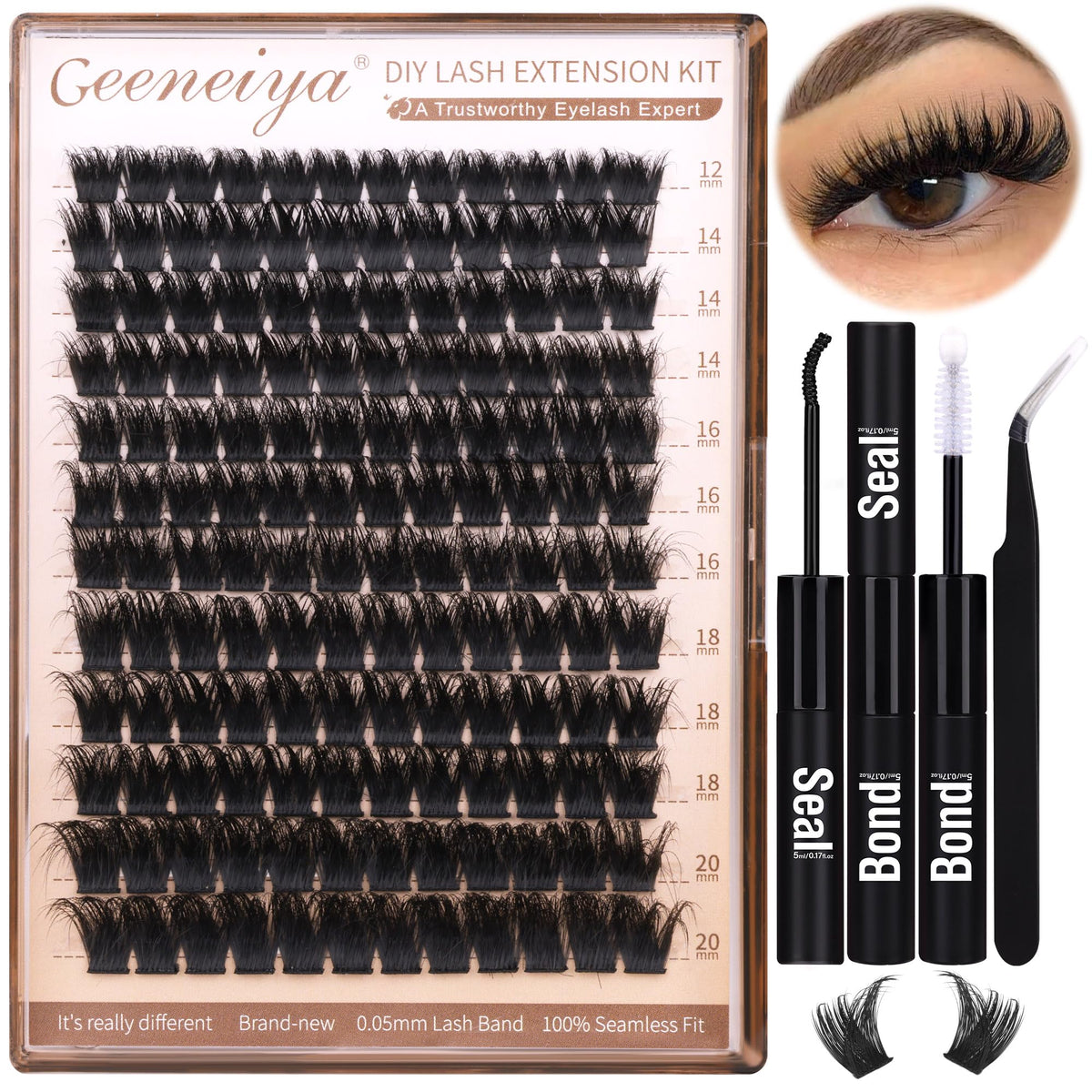 Geeneiya 200D Lash Clusters kit: caja con todo lo necesario para aplicar pestañas de aspecto natural.