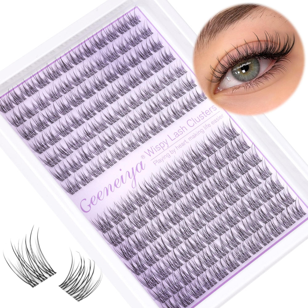 Geeneiya pestañas en racimos con banda clara para un look natural.