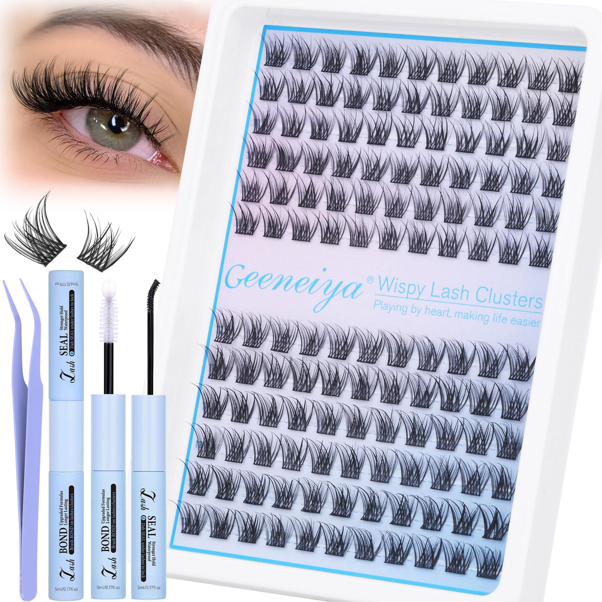 Geeneiya kit de clusters de pestanas naturales 10-12mm, ideal para look diario.