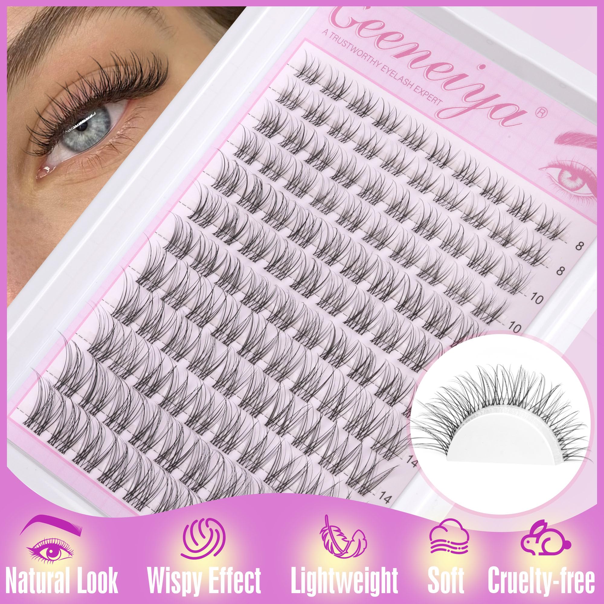 Geeneiya fibras pestanas wispy 8-16mm para un efecto suave y natural