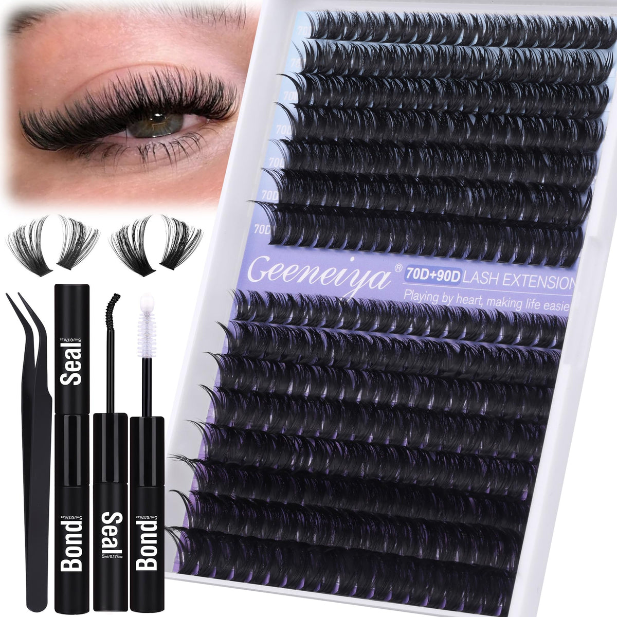 Geeneiya Pestañas agrupadas: extensiones 70D+90D para volumen personalizable.