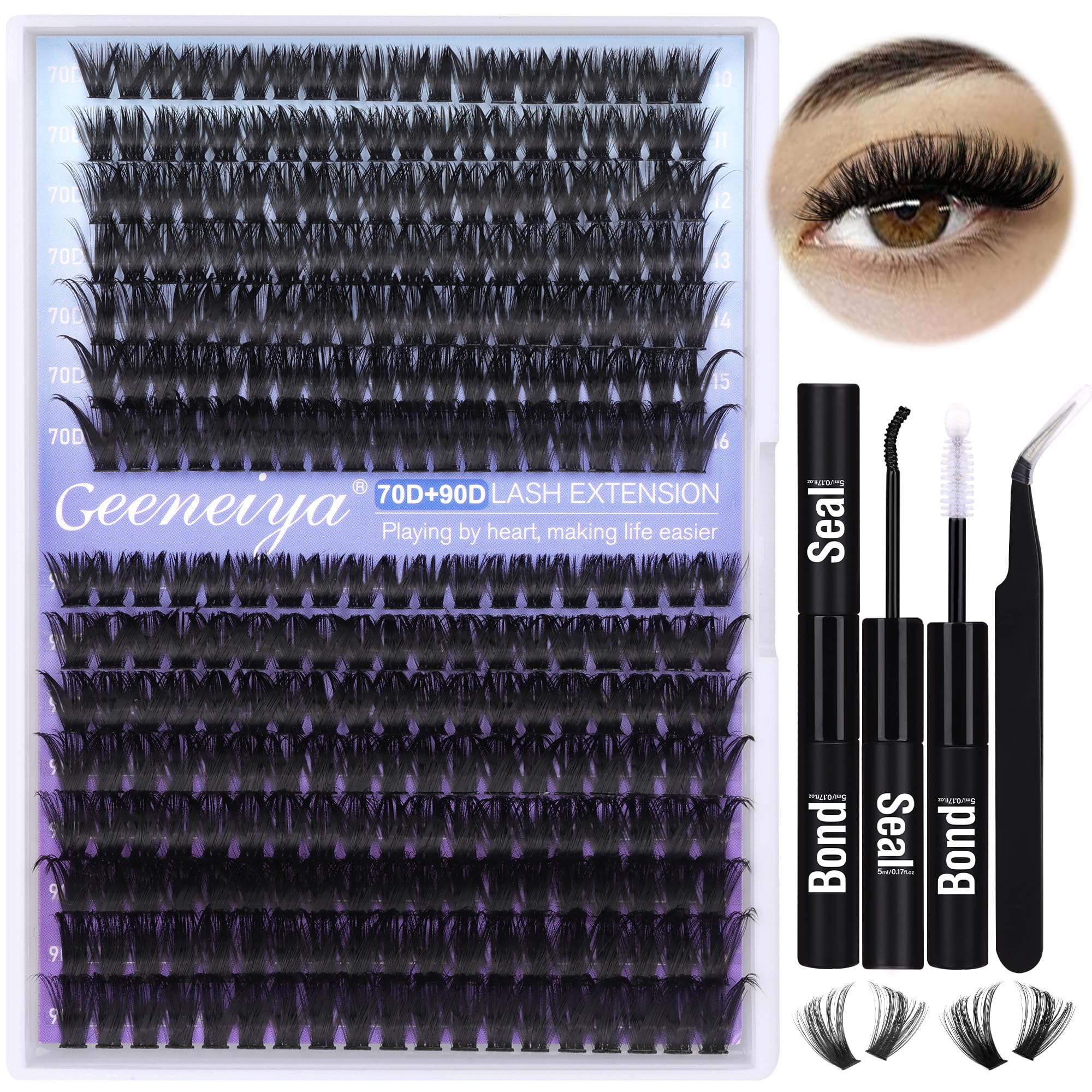 Paquete de 300 pestañas y adhesivo de 10 ml para retoques en casa.
