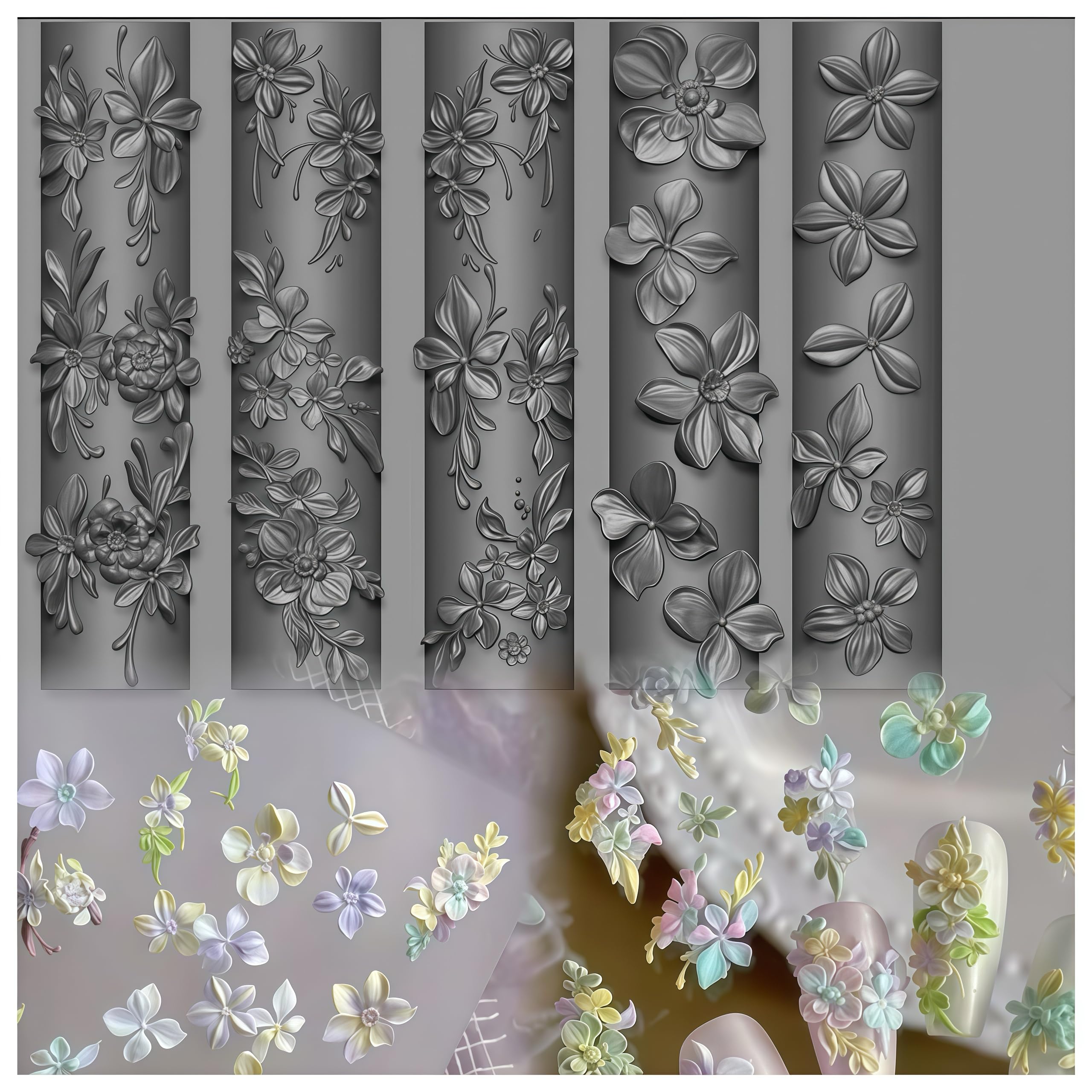 Gehaiwo molde silicona uñas flores 3D para decoraciones detalladas.