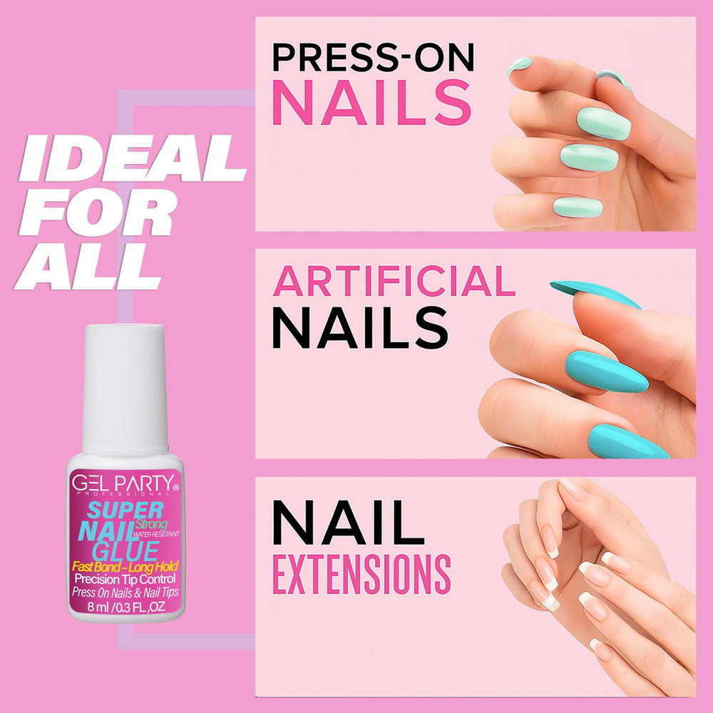 GEL PARTY ofrece adherencia de salón dura para uñas postizas.