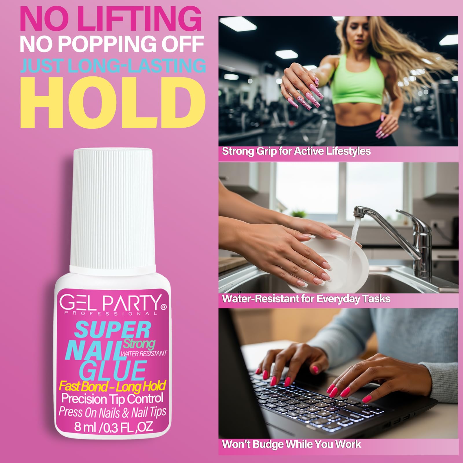 GEL PARTY fórmula versátil compatible con acrílico, uñas falsas y puntas.