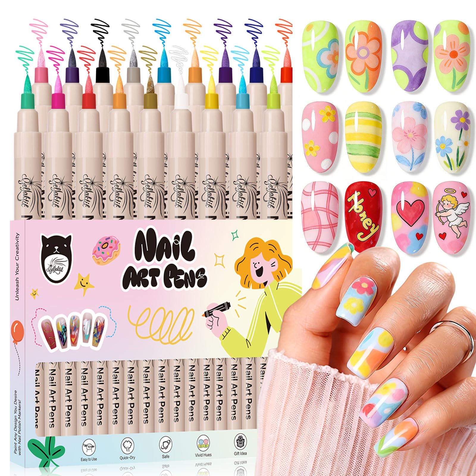 GELLAKTIK set de bolígrafos para arte de uñas con 18 colores y punta 0,7 mm.