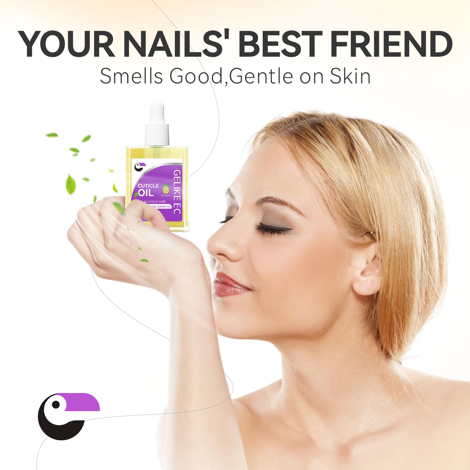 Gelike EC Cuticle Oil, aplicador en primer plano, absorción rápida sin residuo pegajoso.