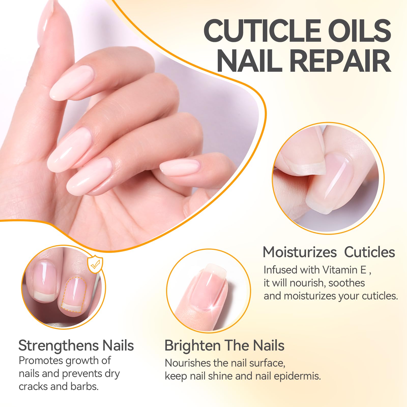 Gelike EC Cuticle Oil, vista de aplicación, uñas débiles se fortalecen con uso regular.