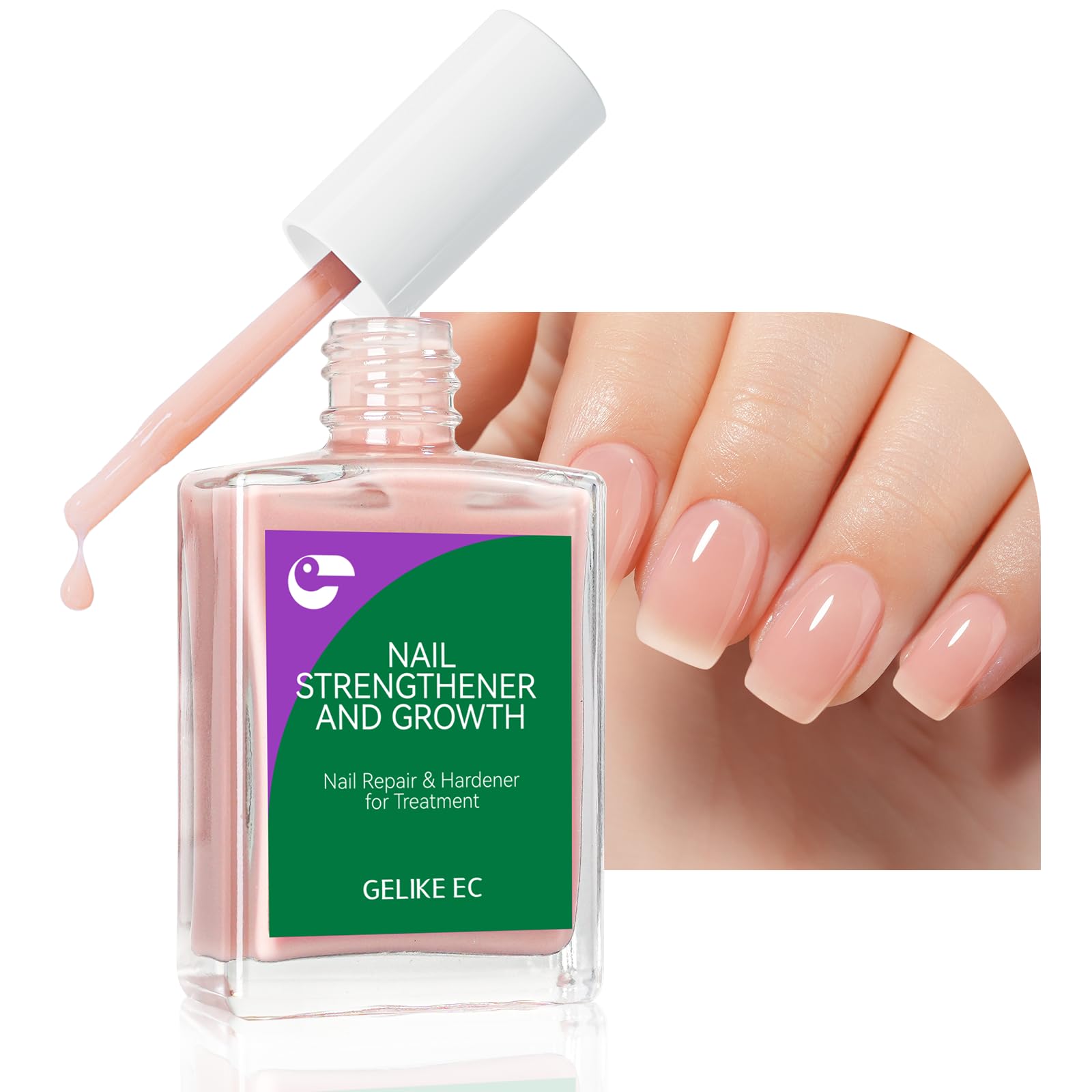gelike ec Endurecedor de Uñas, botella con tono rosado claro, acabado natural.