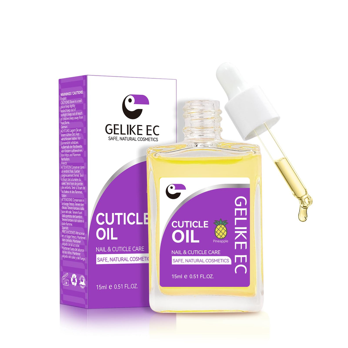 Gelike EC Nail Cuticle Oil, botella y aplicador visible, hidrata cutículas secas para uñas sanas.