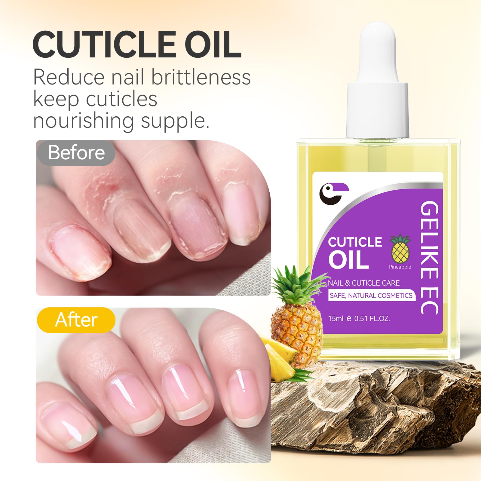 Gelike EC Nail Oil, aroma a piña natural, hidratación suave para manos y uñas.
