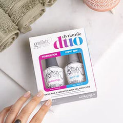 Gelish Dynamic Duo: curado rápido con LED/UV para manicura duradera.