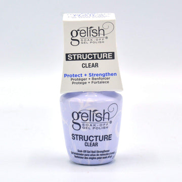 Gelish gel de estructura transparente para uñas, envase y aplicación para un acabado claro.