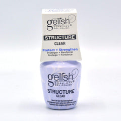Gelish gel de estructura transparente para uñas, envase y aplicación para un acabado claro.