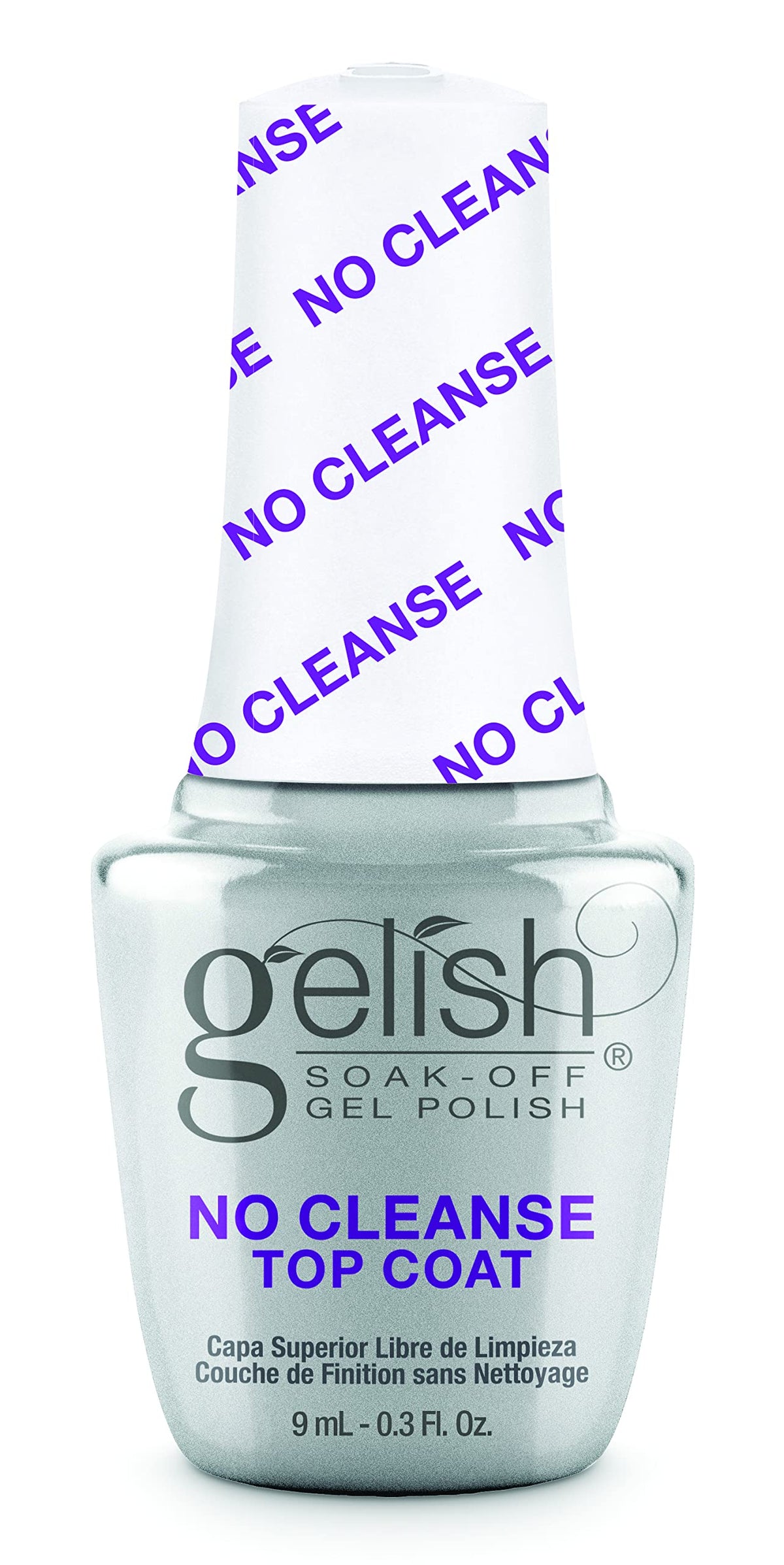 Gelish No-Cleanse Top Coat ofrece un brillo alto y acabado liso sin limpieza.