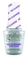 Gelish No-Cleanse Top Coat ofrece un brillo alto y acabado liso sin limpieza.