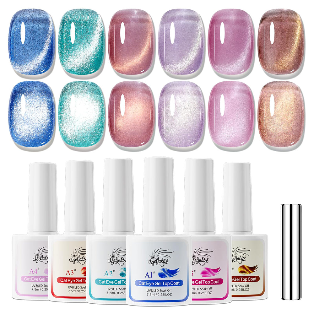 GELLAKTIK cat-eye kit with six shades showing magnetic depth for at-home manicures