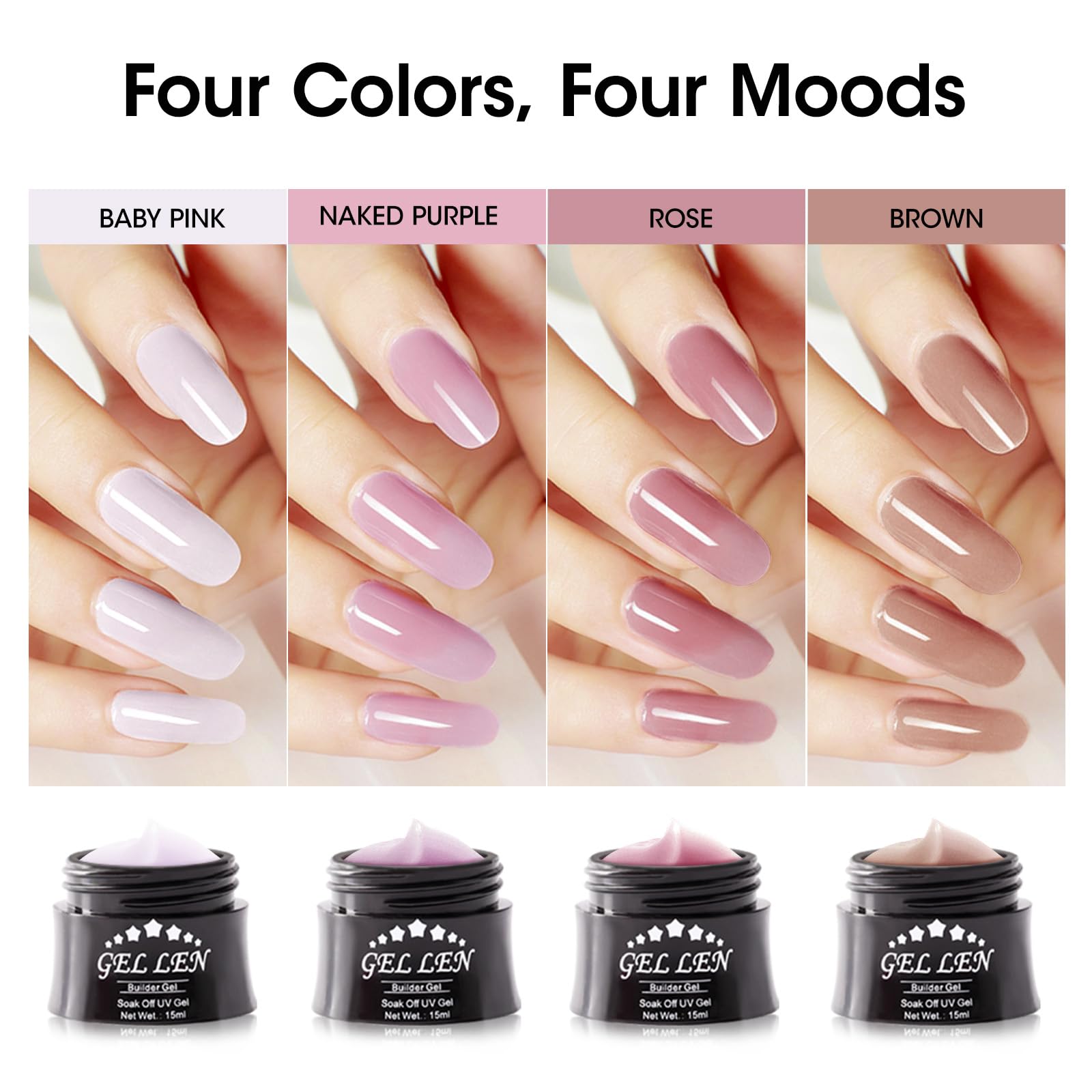 Gellen Builder Gel Kit color palette with nude to rose tones for natural looks.