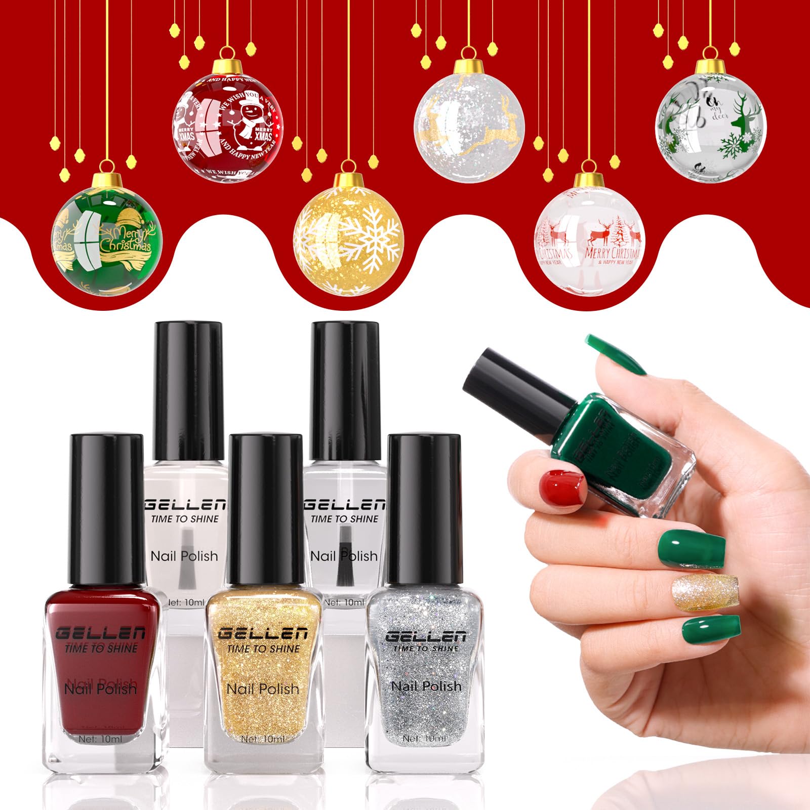 GELLEN esmalte Navidad Verde con base y capa superior para uñas brillantes