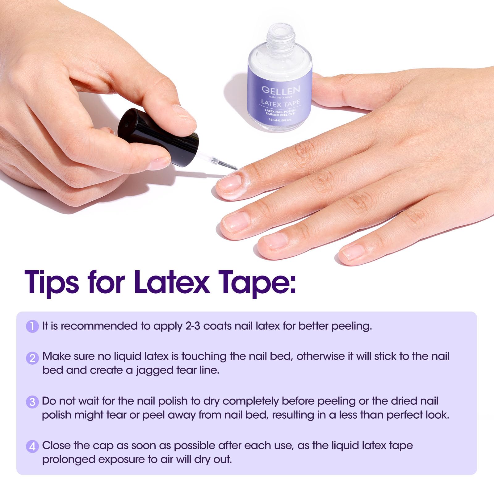 GELLEN Latex para uñas, aplicación precisa alrededor de la cutícula para evitar manchas.