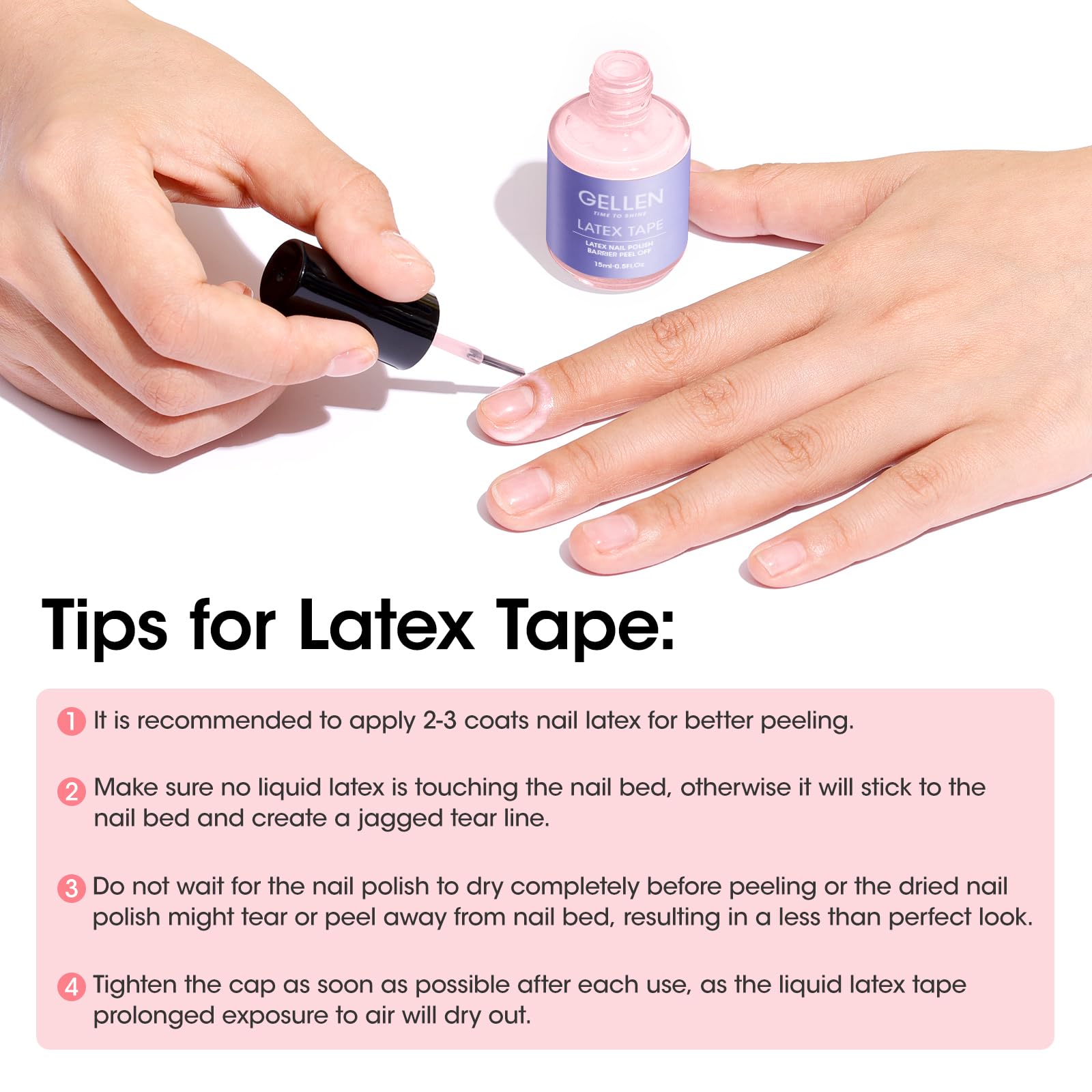 Gellen latex para uñas ayuda a proteger áreas sensibles durante arte de uñas.