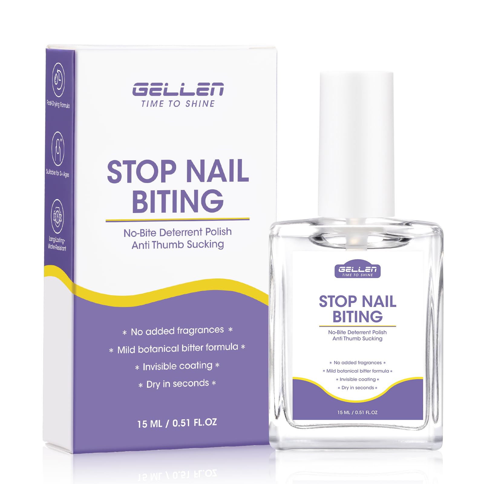 GELLEN frasco con cepillo, tratamiento antimordida para uñas, protección visible.