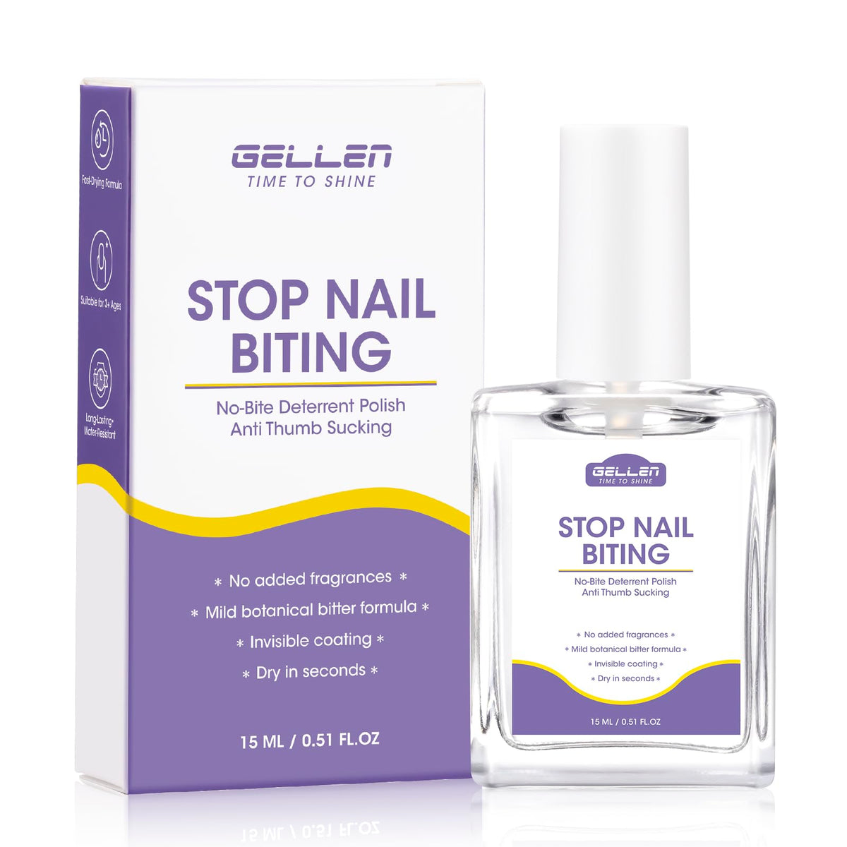 GELLEN frasco con cepillo, tratamiento antimordida para uñas, protección visible.