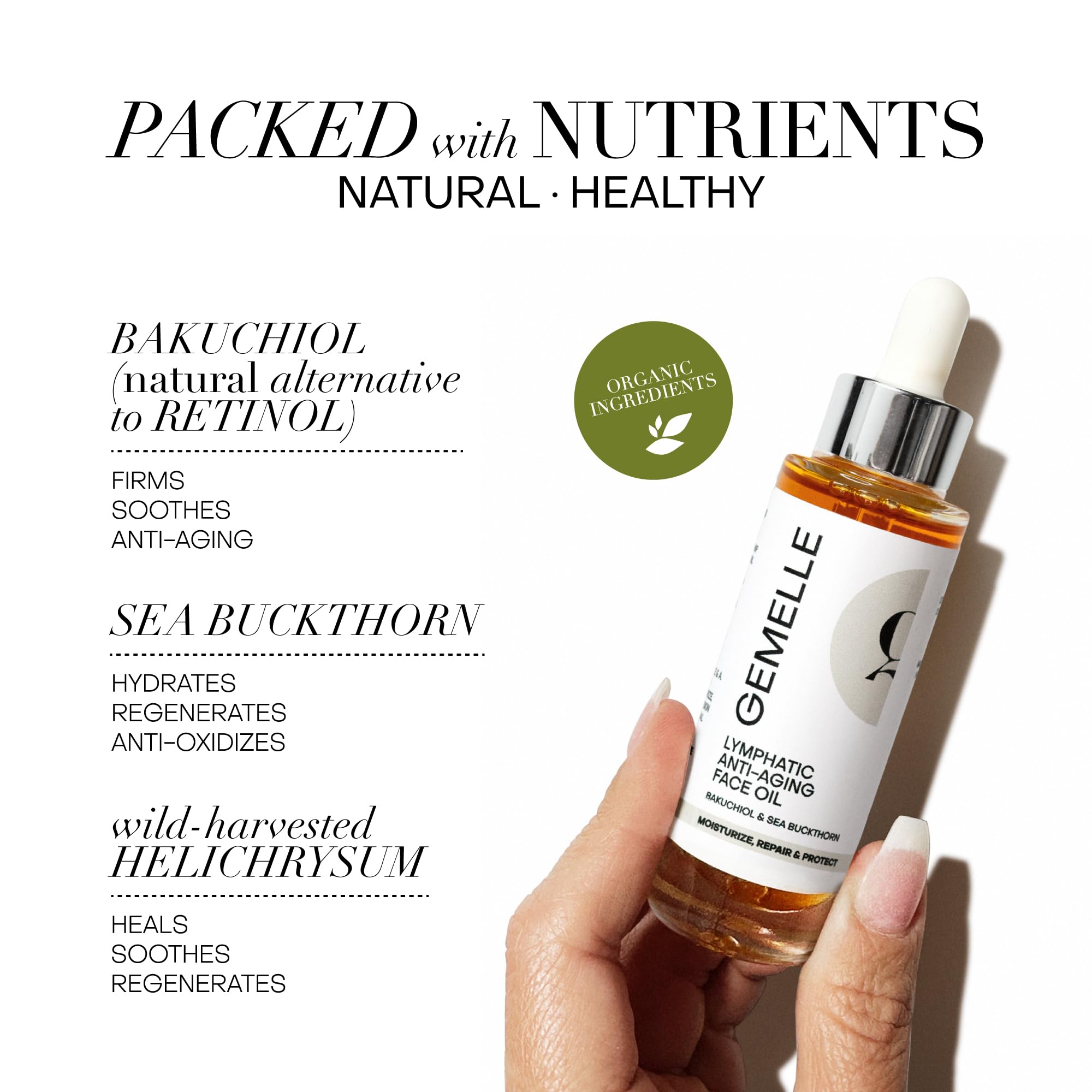 GEMELLE Ingredientes clave bakuchiol para renovación natural.