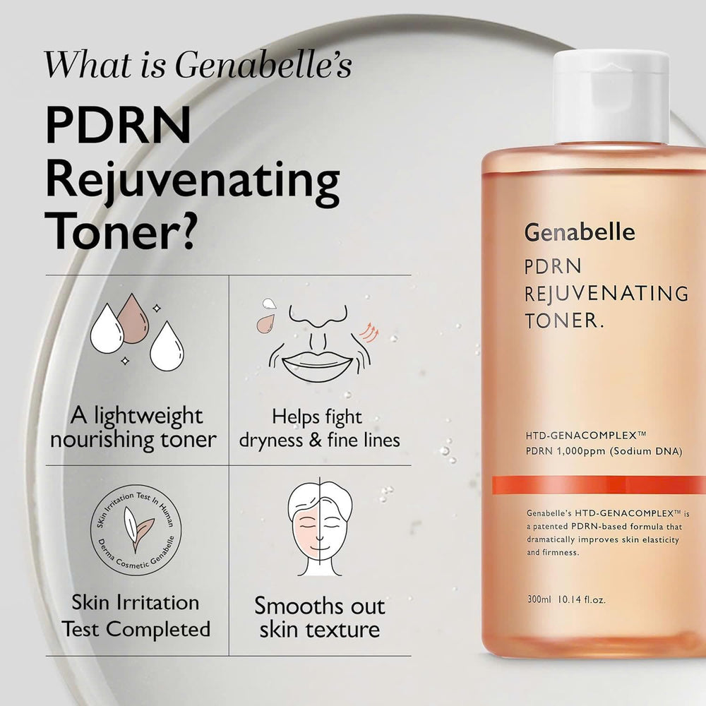 Genabelle PDRN Toner, aplicación diaria para piel fresca y equilibrada.