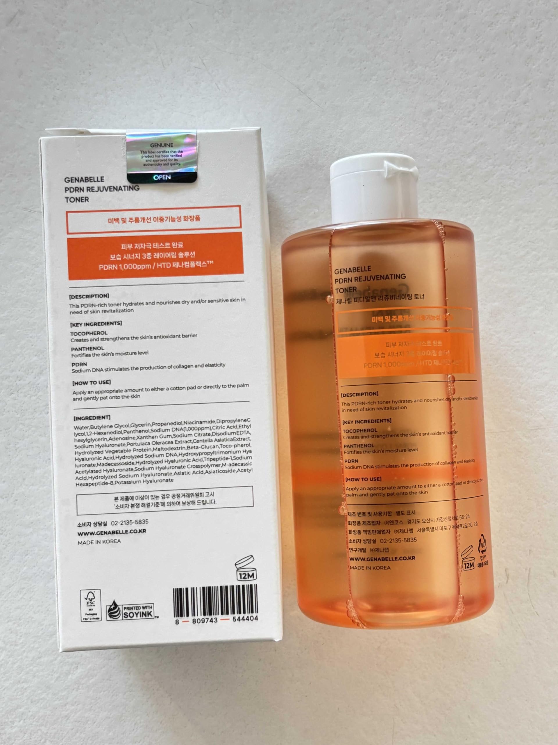 Genabelle PDRN Toner, ingrediente estrella: PDRN y ácido hialurónico para luminosidad.