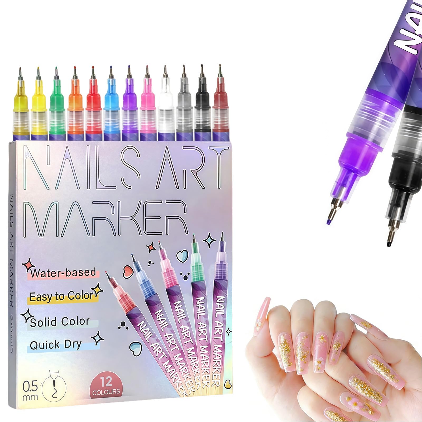 Conjunto Generic de rotuladores para uñas, 12 colores vivos para diseños variados.