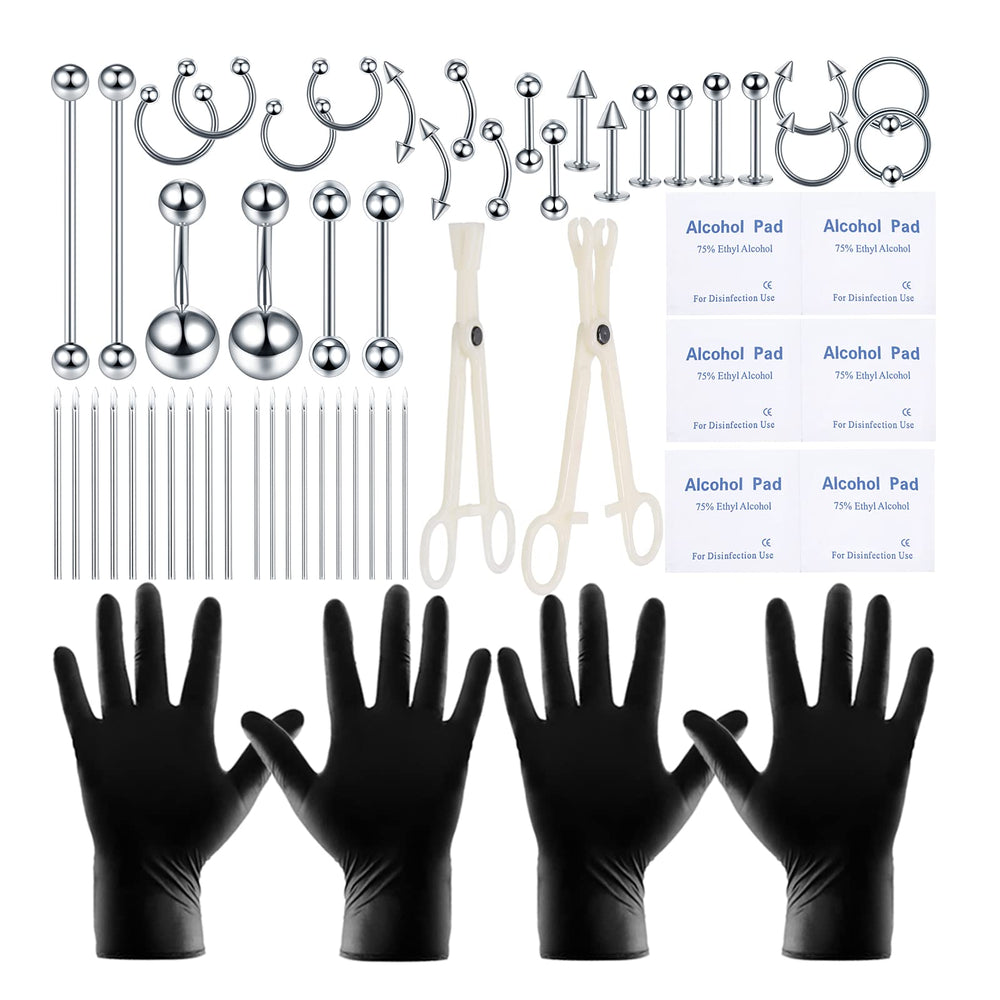 Kit de piercings Generic de 58 piezas en acero quirúrgico, ideal para múltiples piercings.