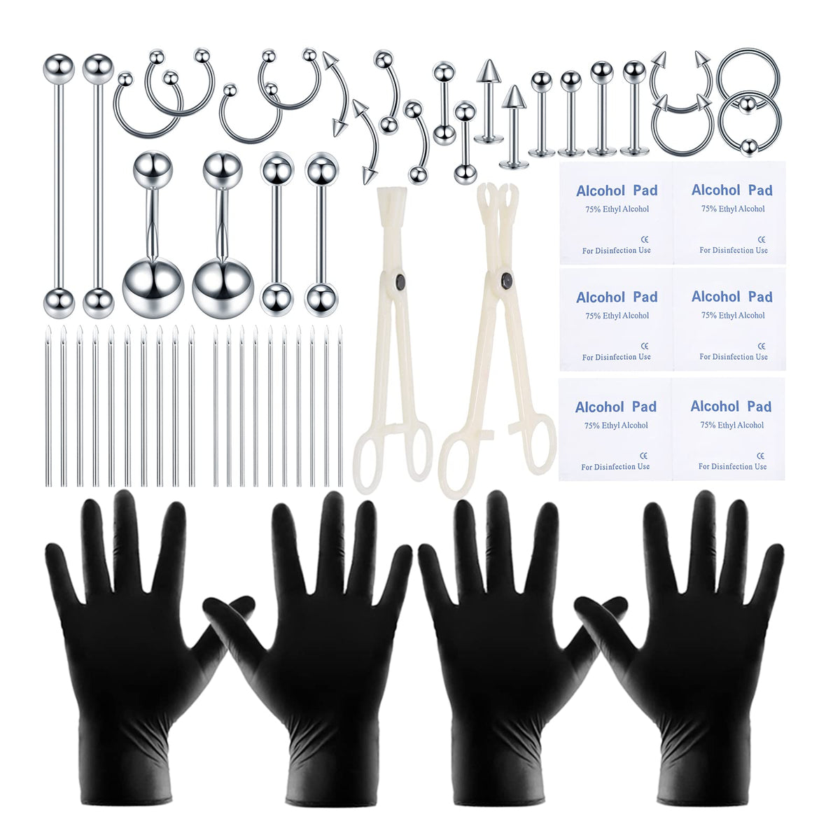 Kit de piercings Generic de 58 piezas en acero quirúrgico, ideal para múltiples piercings.