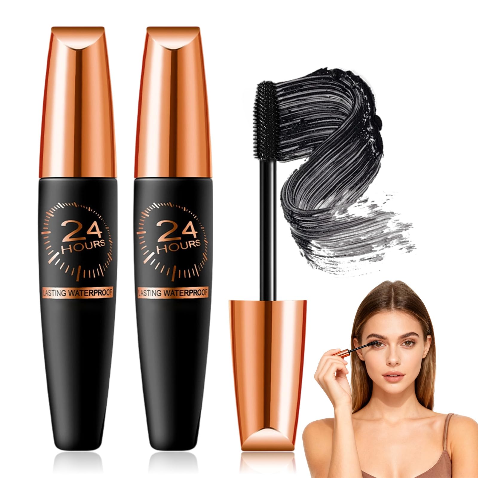 Generico mascara fibras-seda, riza y alarga pestañas, resistente al agua, uso diario.