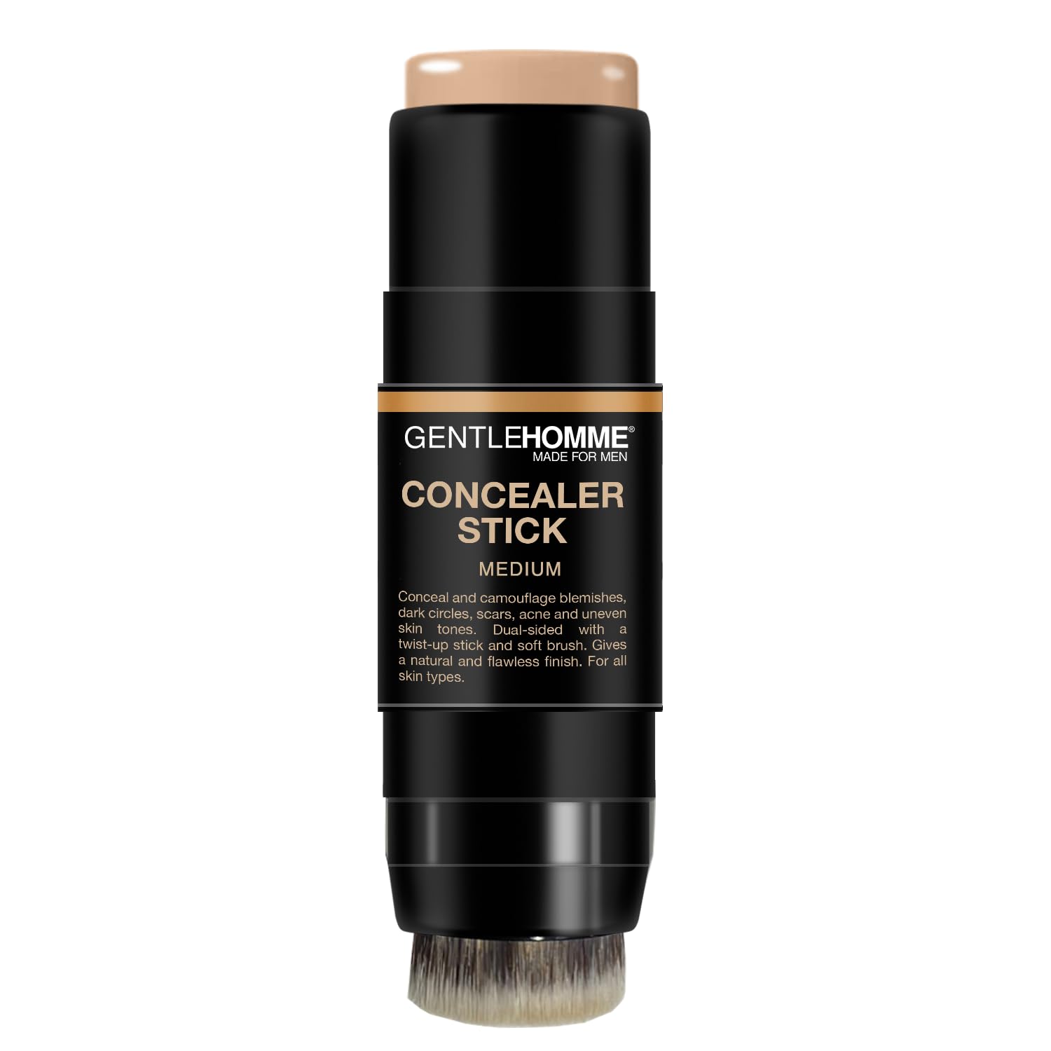 Gentlehomme Corrector Stick con brocha en uso para difuminar imperfecciones.