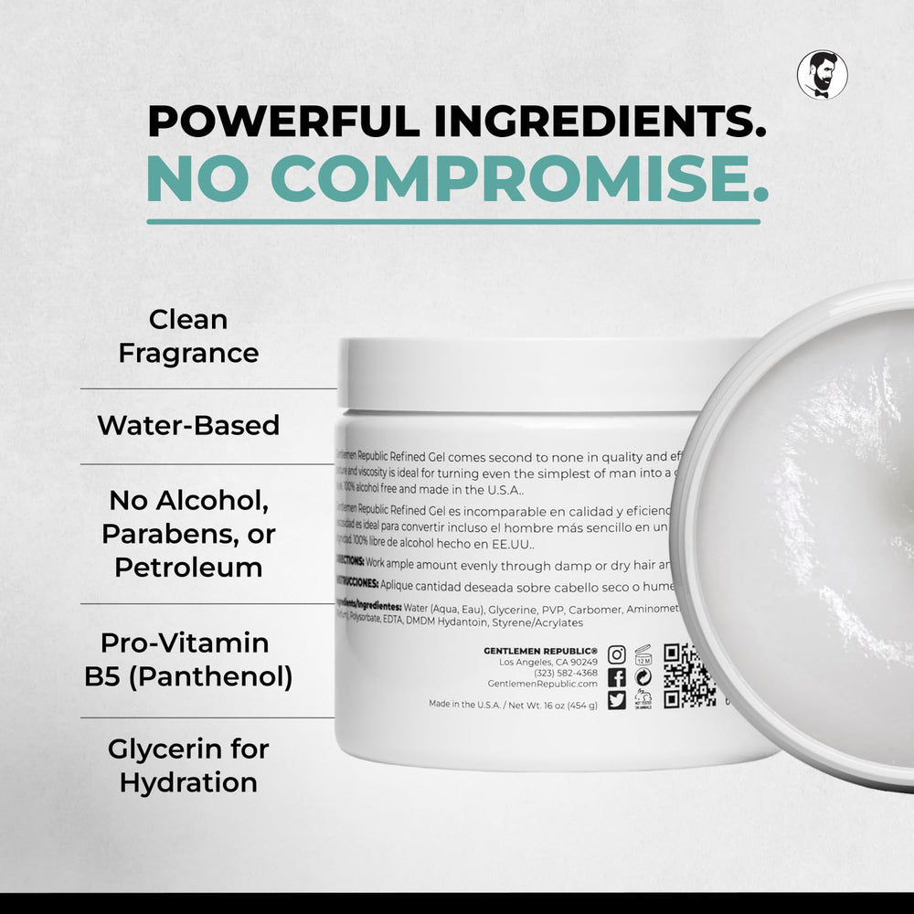 Gel Gentlemen Republic 8oz sin alcohol, peinado cómodo y limpio.