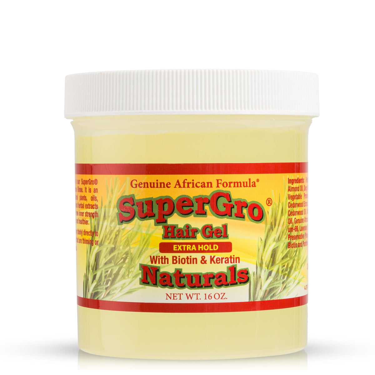 Genuine African Formula SuperGro bottle close-up showing edge control capability for polished hairstyles.