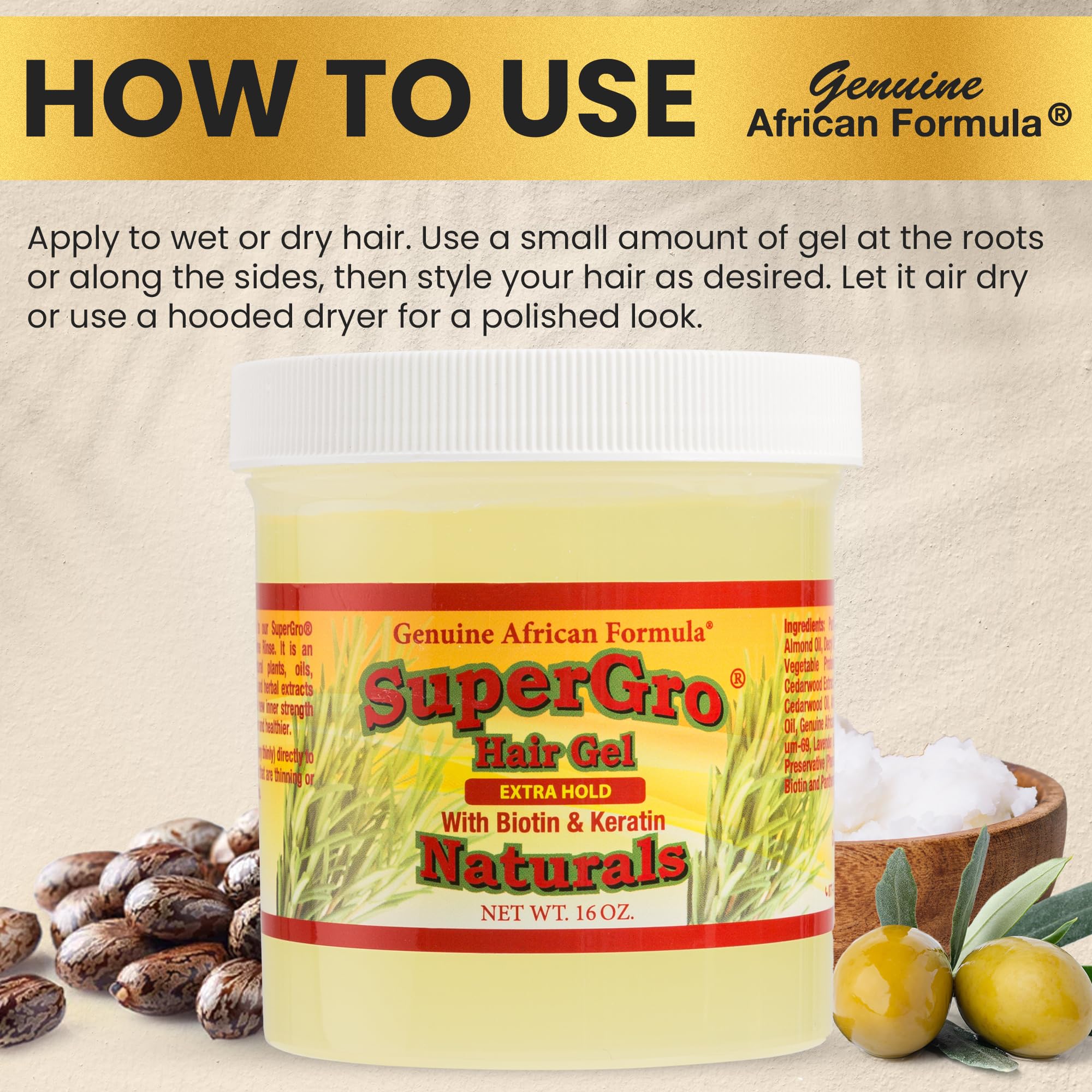 Natural ingredients list highlighted in SuperGro packaging for healthy styling and scalp care.