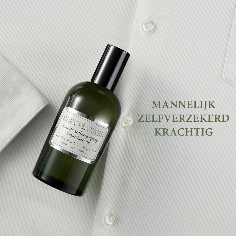 Etiqueta sobria de Geoffrey Beene Grey Flannel reforzando marca y estilo