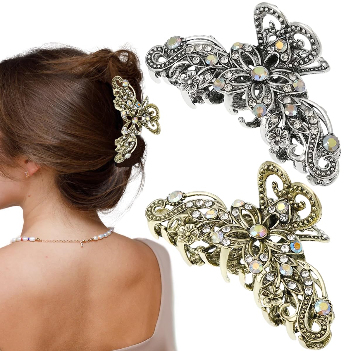 GeoGeoDIY pinza de pelo vintage flor hueca con strass, brillo elegante para cualquier peinado.