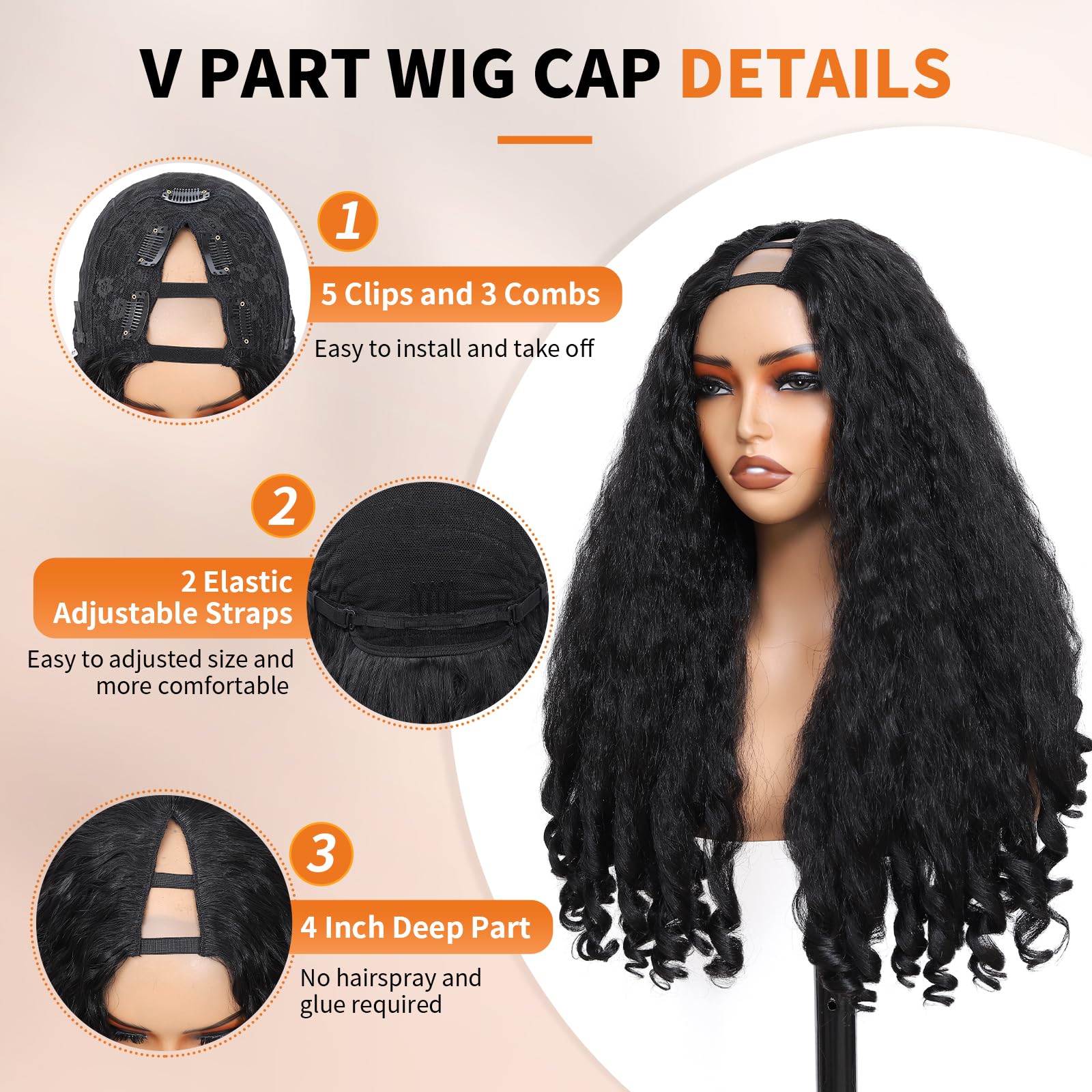 Geogroket Afro Curly Peluca 24 pulgadas, ajuste seguro con ganchos y correas internas.