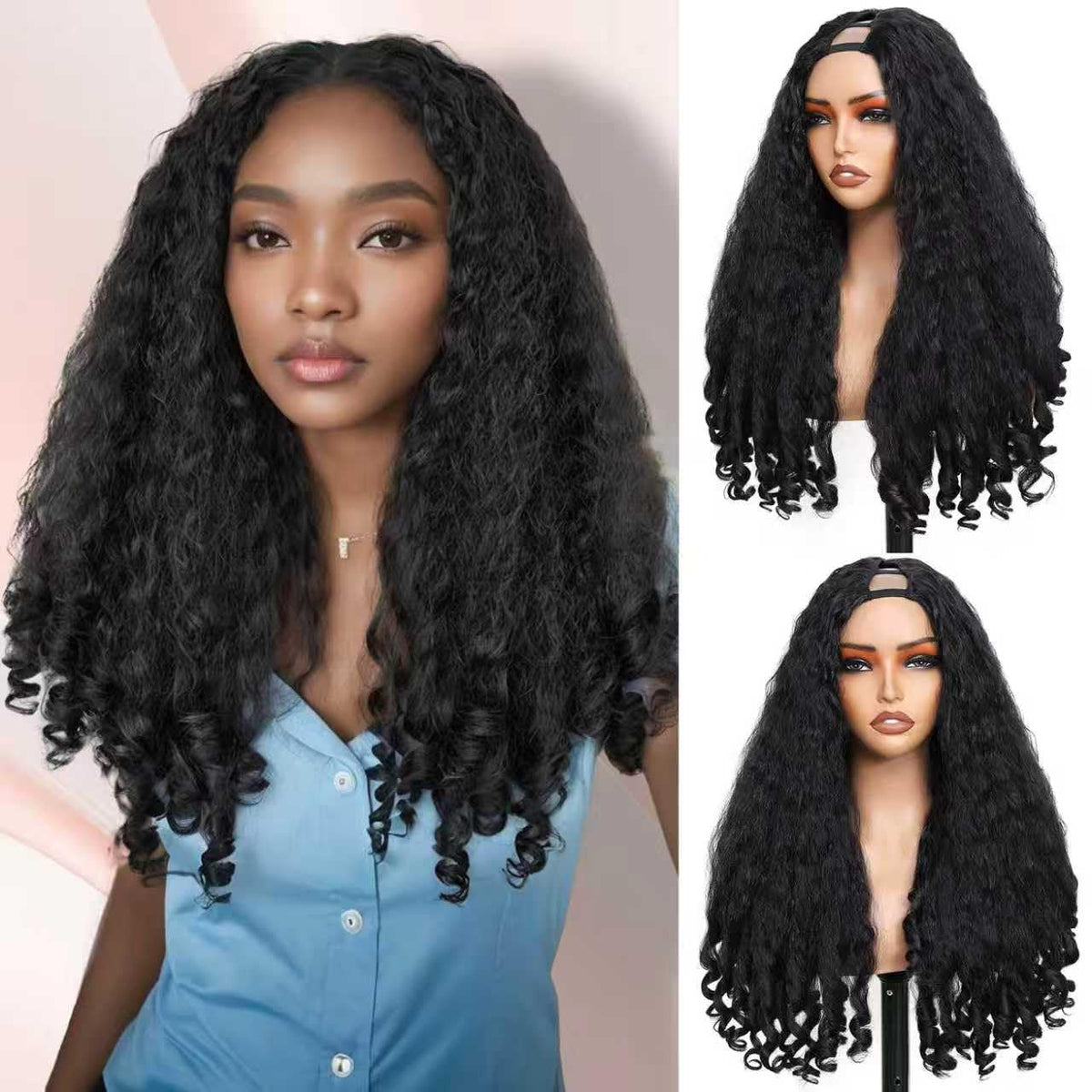 Geogroket Afro Curly Peluca con partición en V, textura natural para un acabado realista.