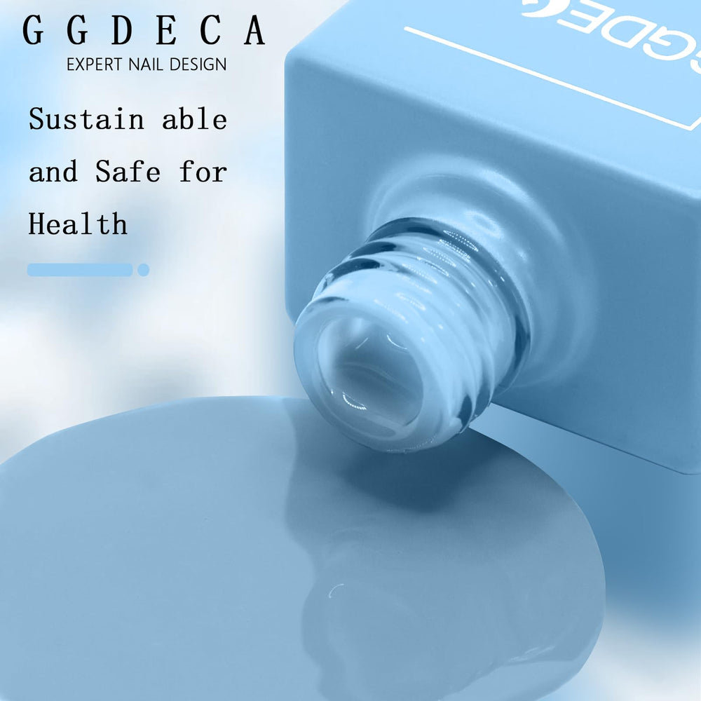 GGDECA esmalte gel azul pastel, muestra tono real de la botella