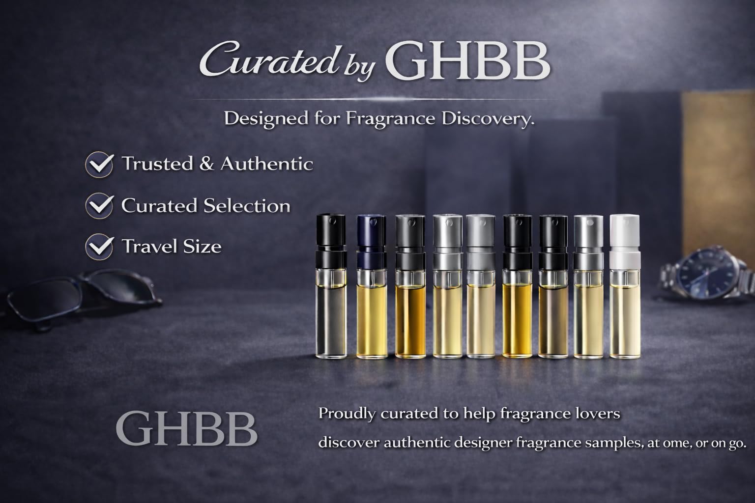 GHBB set muestras diseño fragancias para viajes, cómodo y compacto.