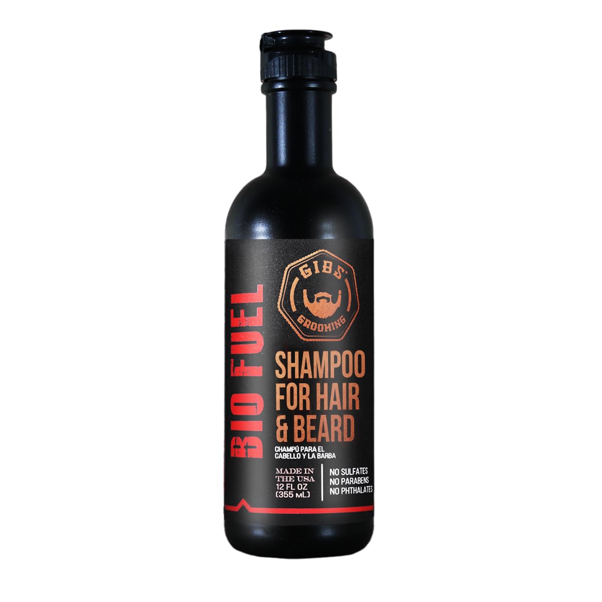 GIBS Champú Biocombustible, botella derramando, limpia cabello y cuida la piel