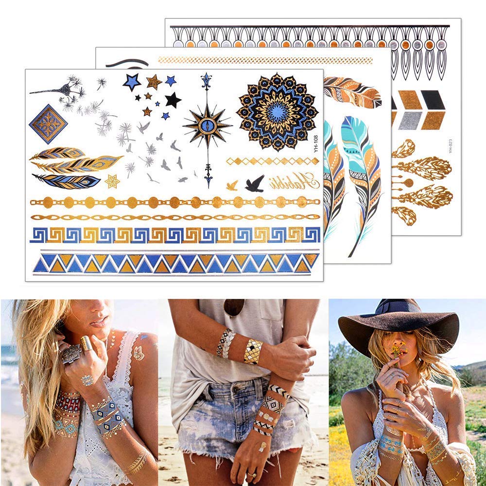 Tatuaje metálico GICUNK plumas: estilo elegante para eventos y fotografías.