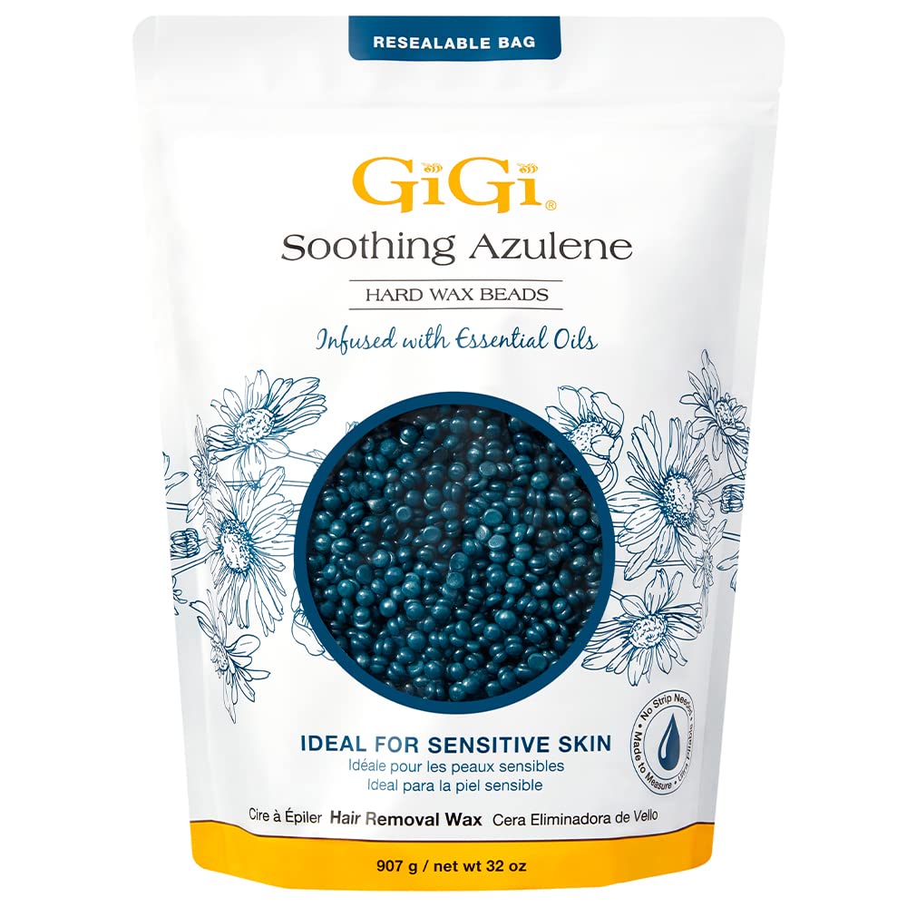 Gigi cera dura con perlas azulene relajantes, ideal para piel sensible y depilación sin tiras.